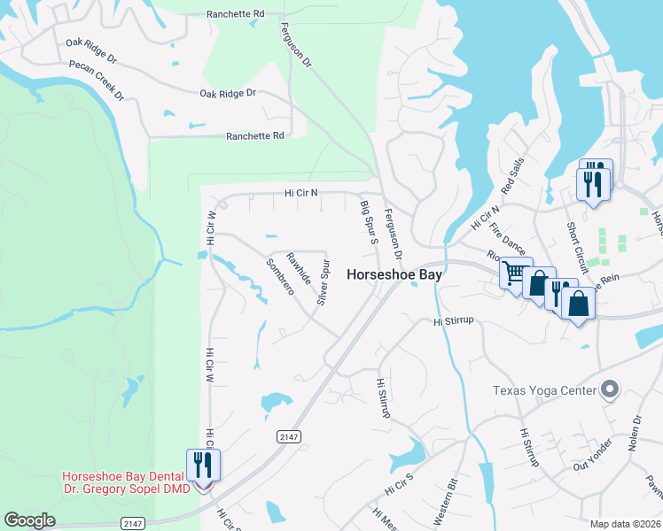 map of restaurants, bars, coffee shops, grocery stores, and more near 413 Silver Spur in Horseshoe Bay