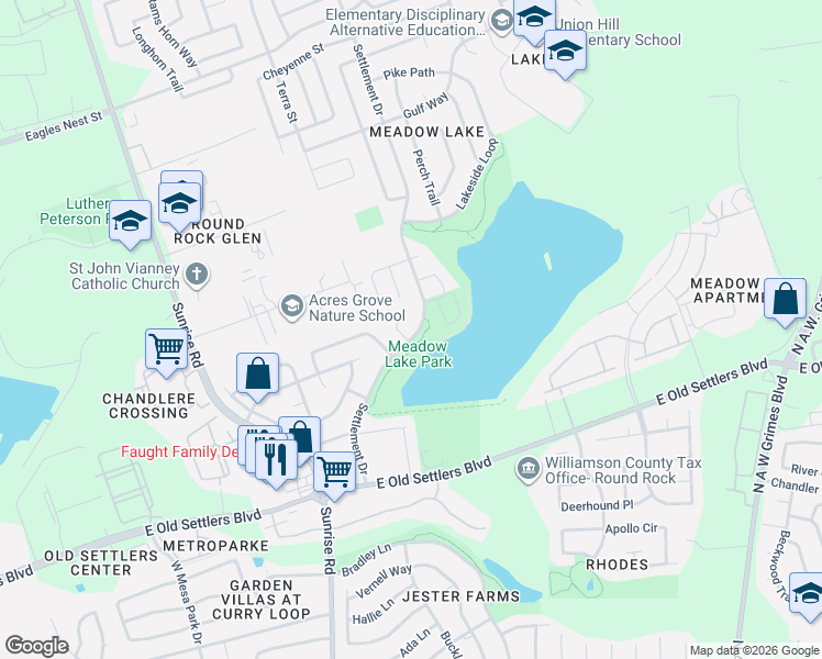 map of restaurants, bars, coffee shops, grocery stores, and more near 3002 Settlement Drive in Round Rock
