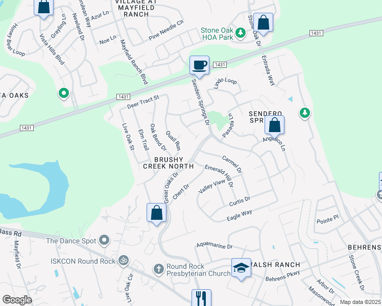 map of restaurants, bars, coffee shops, grocery stores, and more near 2902 Great Oaks Drive in Round Rock