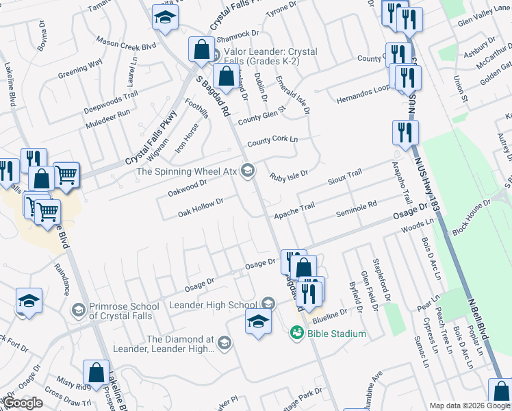map of restaurants, bars, coffee shops, grocery stores, and more near 2403 South Bagdad Road in Leander
