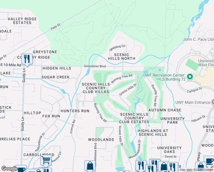 map of restaurants, bars, coffee shops, grocery stores, and more near 8876 Burning Tree Rd in Pensacola