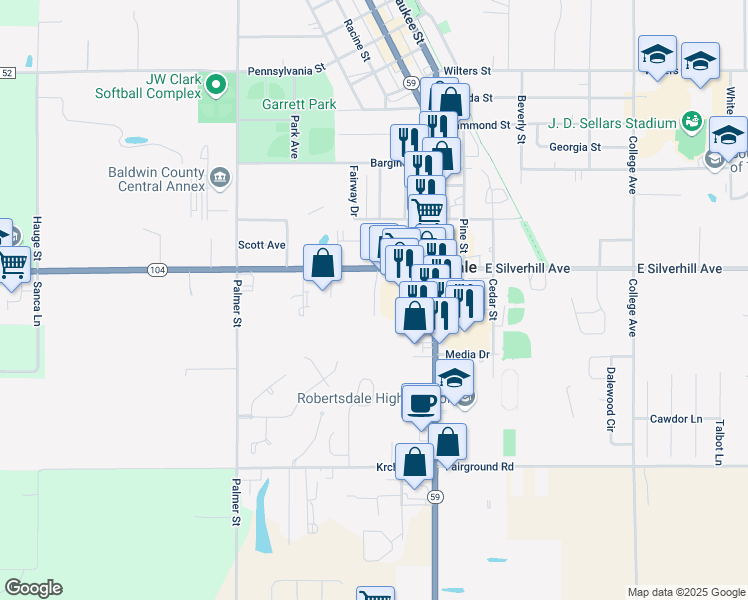 map of restaurants, bars, coffee shops, grocery stores, and more near 18380 East Silverhill Avenue in Robertsdale