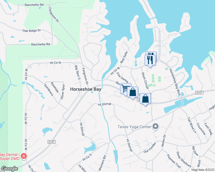 map of restaurants, bars, coffee shops, grocery stores, and more near 1 Community Drive in Horseshoe Bay