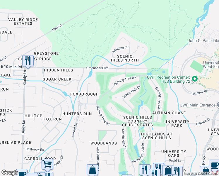 map of restaurants, bars, coffee shops, grocery stores, and more near 8876 Burning Tree Rd in Pensacola