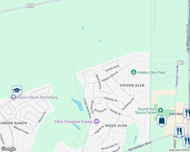 map of restaurants, bars, coffee shops, grocery stores, and more near 1725 West End Place in Round Rock