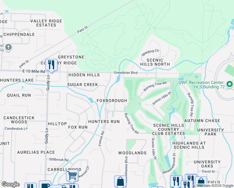 map of restaurants, bars, coffee shops, grocery stores, and more near 10164 Vixen Place in Pensacola