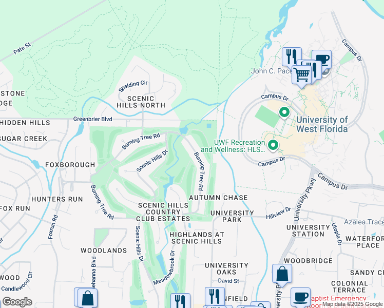 map of restaurants, bars, coffee shops, grocery stores, and more near 8831 Burning Tree Road in Pensacola