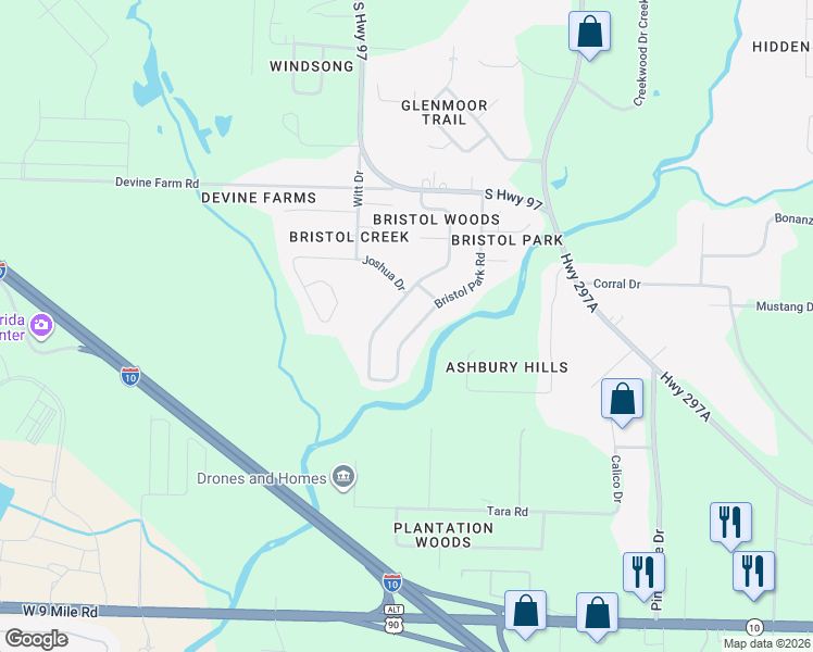 map of restaurants, bars, coffee shops, grocery stores, and more near 10031 Bristol Park Road in Cantonment