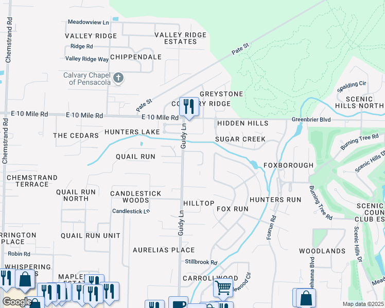 map of restaurants, bars, coffee shops, grocery stores, and more near 1025 Cobblestone Drive in Pensacola