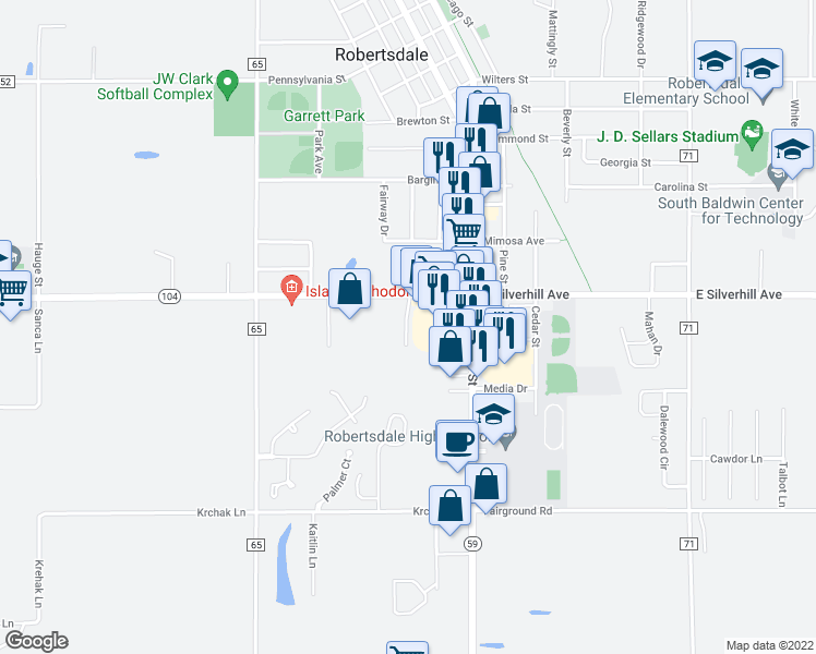map of restaurants, bars, coffee shops, grocery stores, and more near 18380 East Silverhill Avenue in Robertsdale