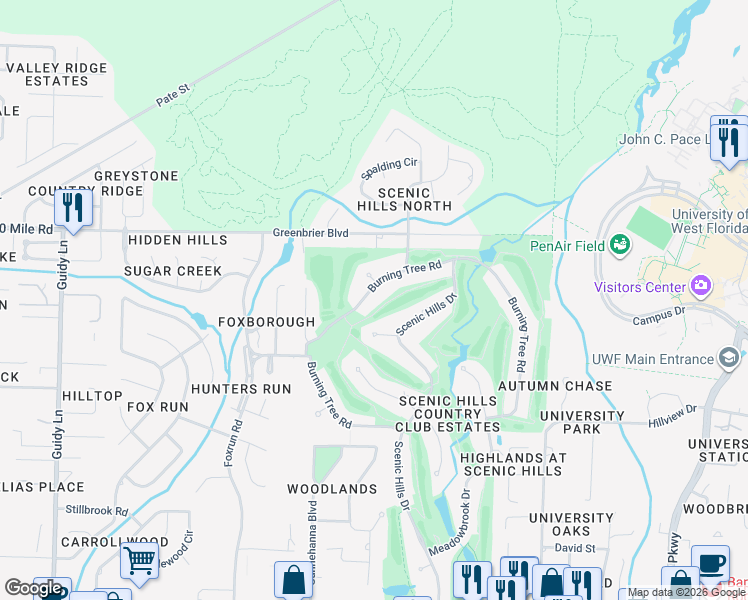 map of restaurants, bars, coffee shops, grocery stores, and more near 8873 Burning Tree Road in Pensacola