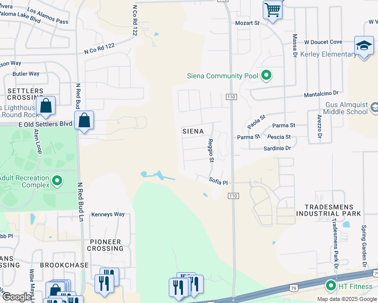 map of restaurants, bars, coffee shops, grocery stores, and more near 5633 Sambuco Street in Round Rock