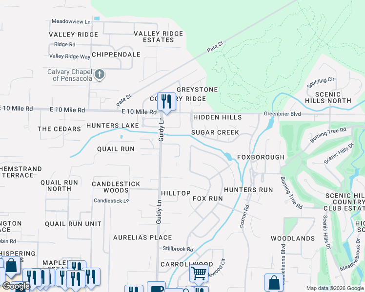 map of restaurants, bars, coffee shops, grocery stores, and more near 1037 Cobblestone Drive in Pensacola