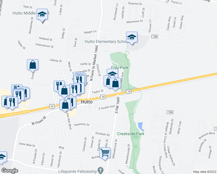 map of restaurants, bars, coffee shops, grocery stores, and more near 206 Taylor Street in Hutto