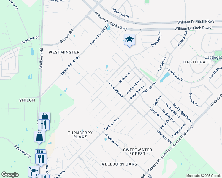 map of restaurants, bars, coffee shops, grocery stores, and more near 2602 Hailes Court in College Station