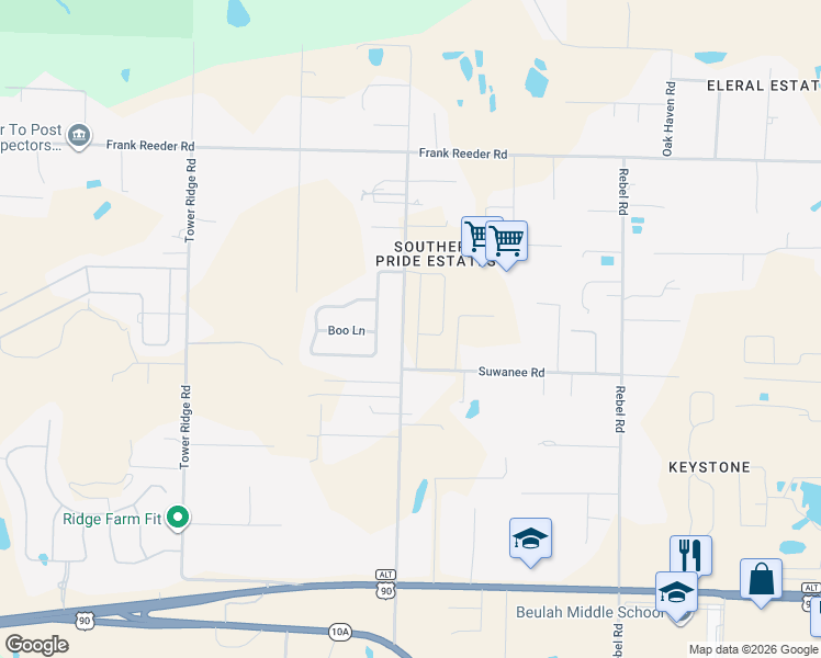 map of restaurants, bars, coffee shops, grocery stores, and more near 9691 Bridlewood Road in Pensacola