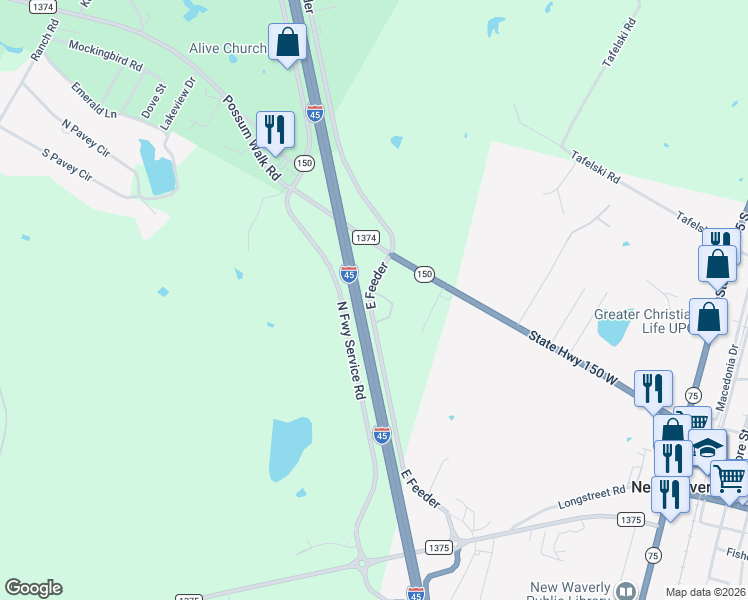 map of restaurants, bars, coffee shops, grocery stores, and more near 18C Colony Road in New Waverly