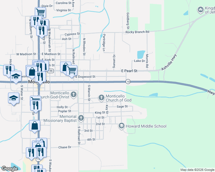 map of restaurants, bars, coffee shops, grocery stores, and more near 1075 E Washington St in Monticello