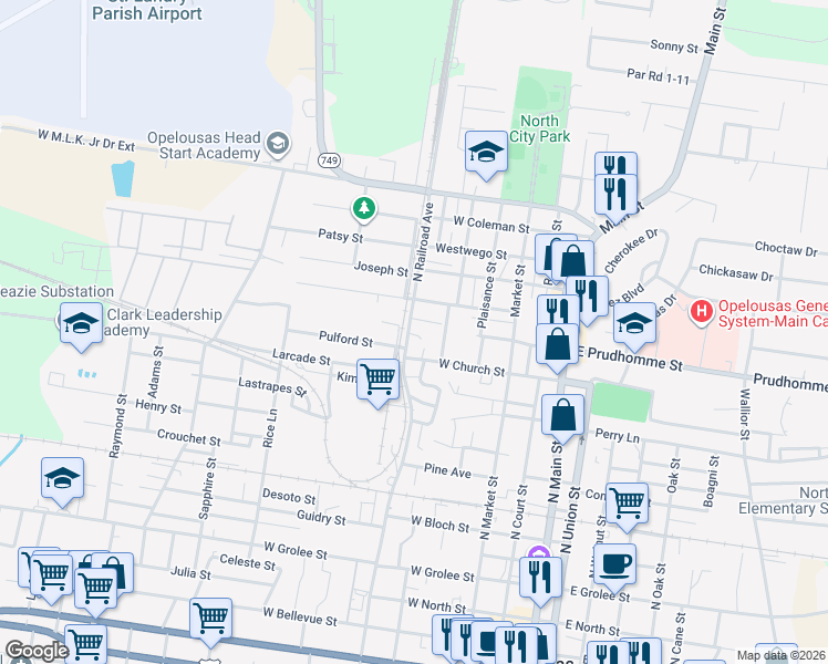 map of restaurants, bars, coffee shops, grocery stores, and more near 1040-1098 N Railroad Ave in Opelousas