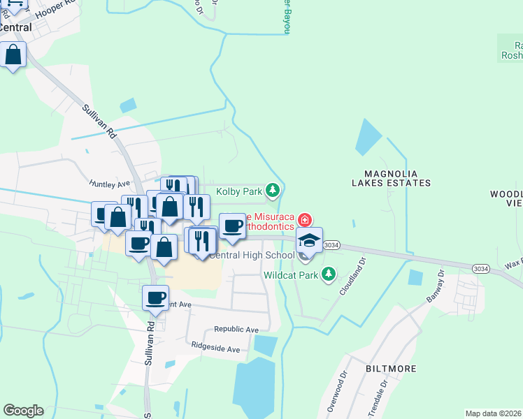 map of restaurants, bars, coffee shops, grocery stores, and more near 15036 Forest Grove Avenue in Baton Rouge