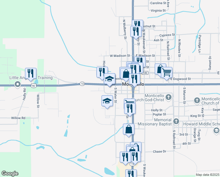 map of restaurants, bars, coffee shops, grocery stores, and more near 1490 West Washington Street in Monticello