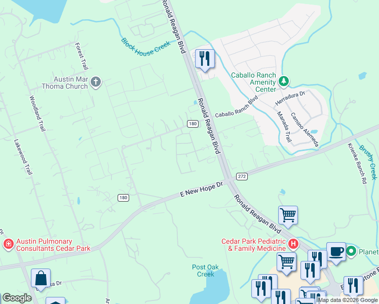 map of restaurants, bars, coffee shops, grocery stores, and more near 105 County Road 180 in Leander