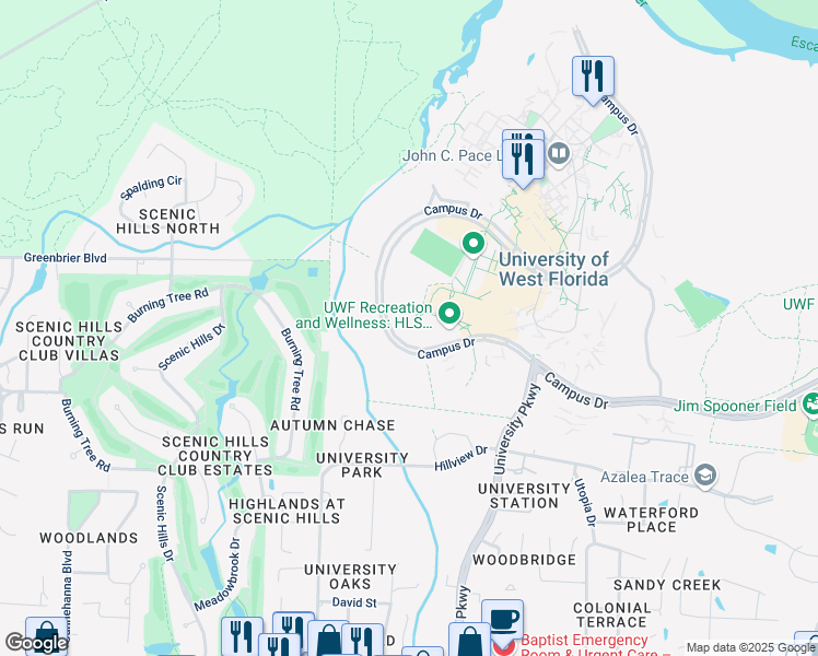 map of restaurants, bars, coffee shops, grocery stores, and more near Campus Drive in Pensacola