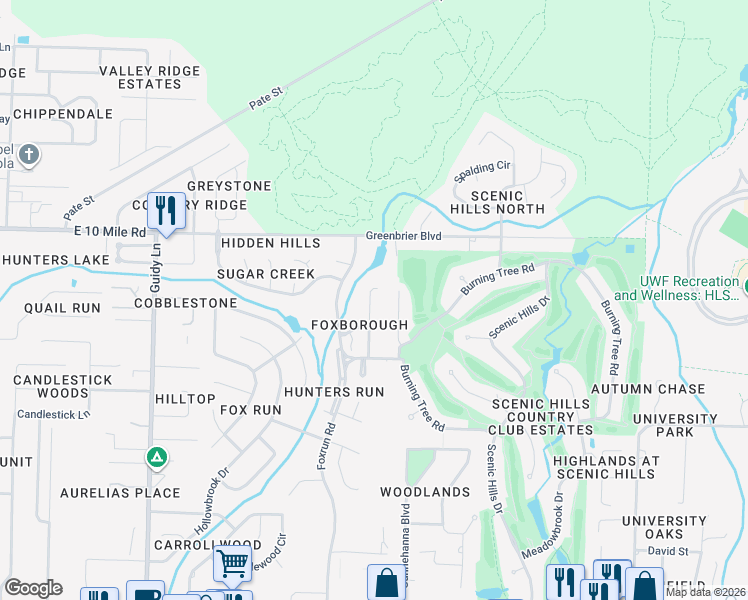 map of restaurants, bars, coffee shops, grocery stores, and more near 10168 Vixen Place in Pensacola