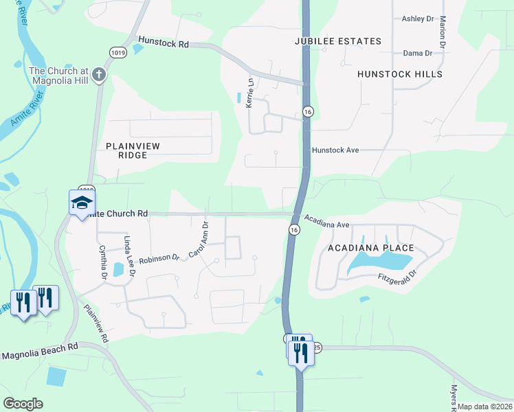 map of restaurants, bars, coffee shops, grocery stores, and more near 7761 Amite Church Road in Denham Springs