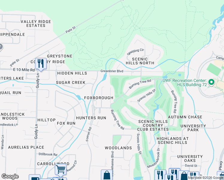 map of restaurants, bars, coffee shops, grocery stores, and more near 9976 Fairway Villas Lane in Pensacola