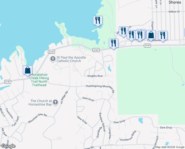 map of restaurants, bars, coffee shops, grocery stores, and more near 305 Knights Row in Cottonwood Shores
