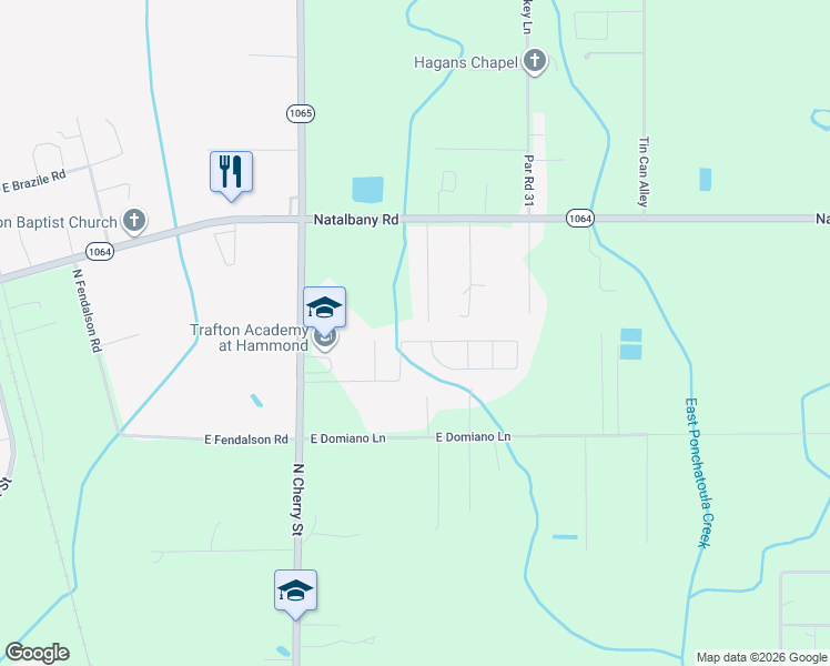 map of restaurants, bars, coffee shops, grocery stores, and more near 16189 Charleton Drive in Hammond