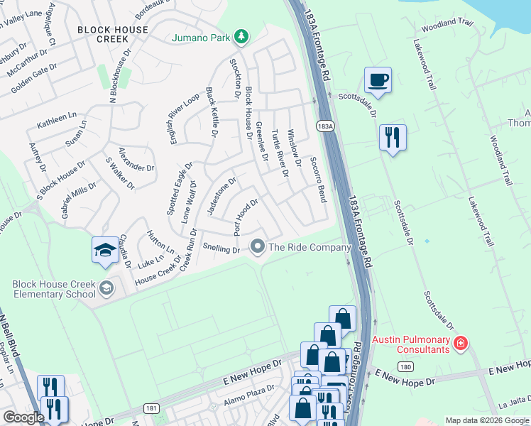 map of restaurants, bars, coffee shops, grocery stores, and more near 16217 Copper Leaf Lane in Leander