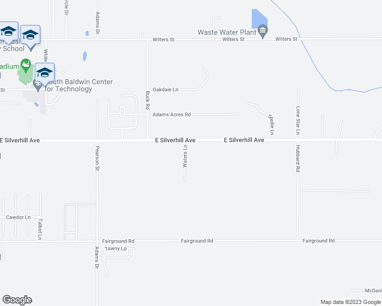 map of restaurants, bars, coffee shops, grocery stores, and more near 21792 Waters Lane in Robertsdale