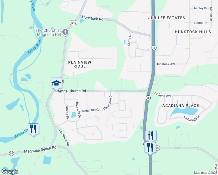 map of restaurants, bars, coffee shops, grocery stores, and more near 7607 Amite Church Road in Denham Springs