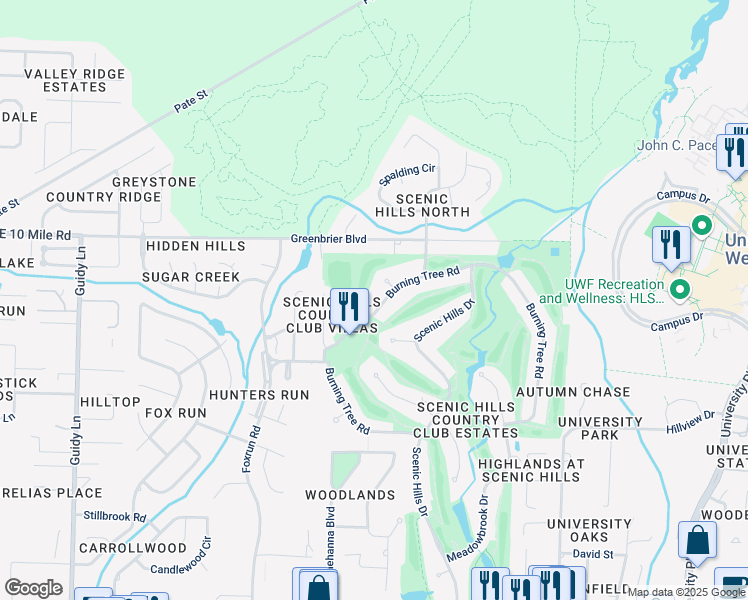 map of restaurants, bars, coffee shops, grocery stores, and more near 8874 Burning Tree Road in Pensacola