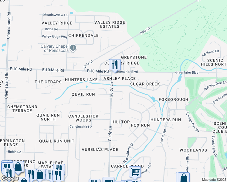 map of restaurants, bars, coffee shops, grocery stores, and more near 10050 Guidy Lane in Pensacola