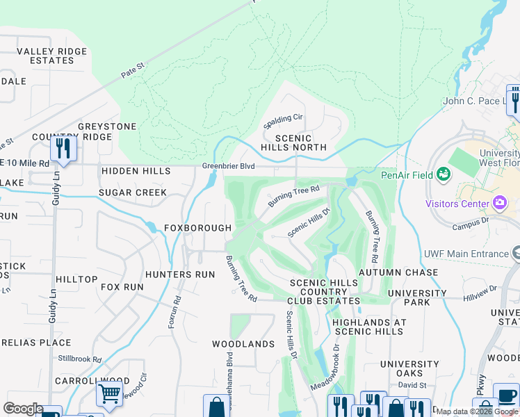 map of restaurants, bars, coffee shops, grocery stores, and more near 8873 Burning Tree Road in Pensacola