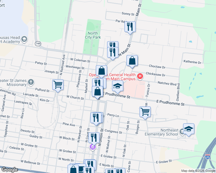 map of restaurants, bars, coffee shops, grocery stores, and more near 301 Mingo Cir in Opelousas