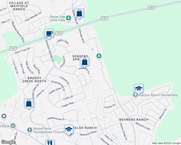 map of restaurants, bars, coffee shops, grocery stores, and more near 4324 Angelico Lane in Round Rock