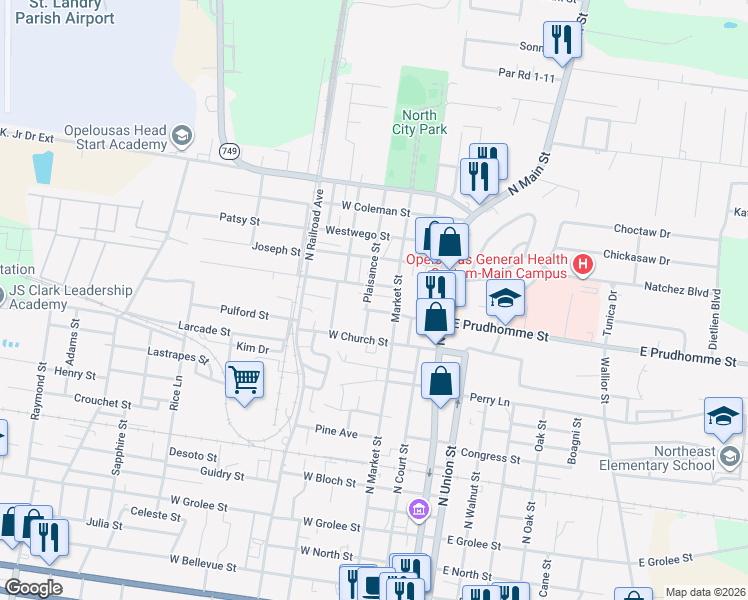 map of restaurants, bars, coffee shops, grocery stores, and more near West Prudhomme Street in Opelousas