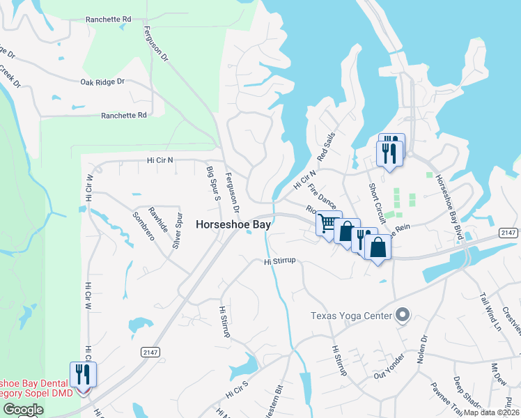 map of restaurants, bars, coffee shops, grocery stores, and more near 8000 Farm to Market Road 2147 in Horseshoe Bay