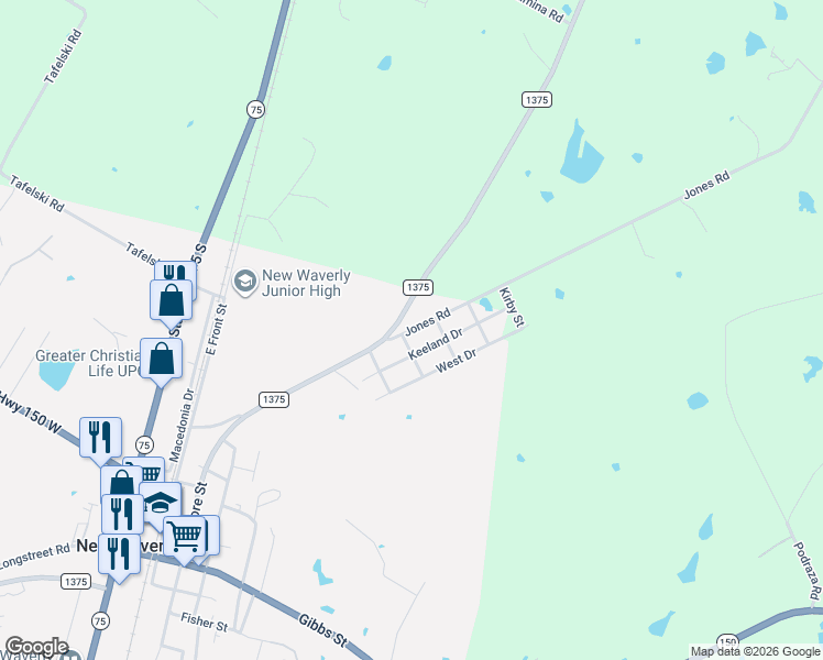 map of restaurants, bars, coffee shops, grocery stores, and more near 310 Keeland Drive in New Waverly