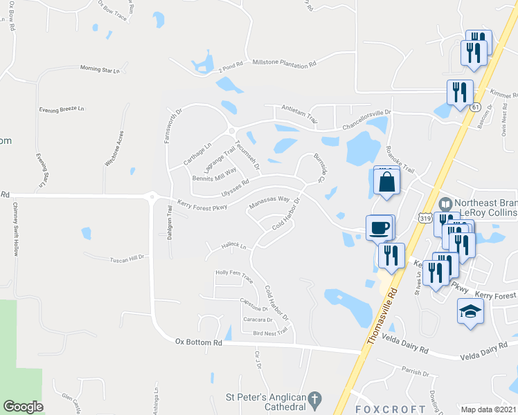 map of restaurants, bars, coffee shops, grocery stores, and more near 2581 Manassas Way in Tallahassee