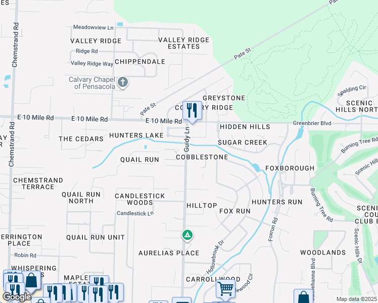 map of restaurants, bars, coffee shops, grocery stores, and more near 306 Guidy Lane in Pensacola