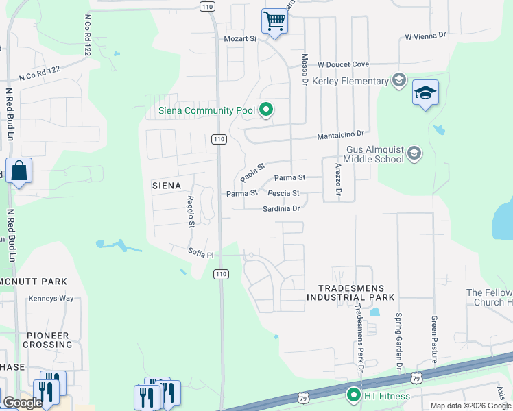 map of restaurants, bars, coffee shops, grocery stores, and more near 5817 Sardinia Drive in Round Rock