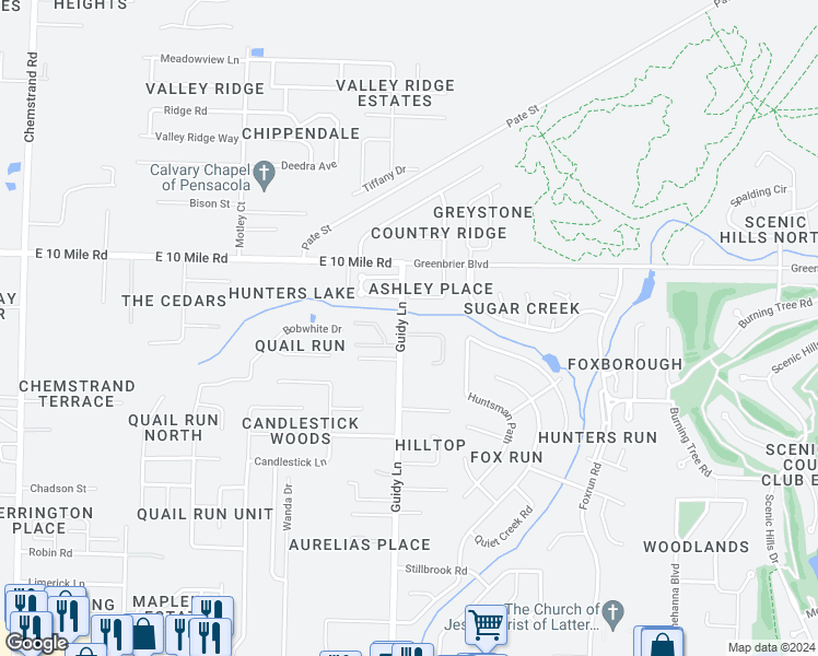 map of restaurants, bars, coffee shops, grocery stores, and more near 10040 Guidy Lane in Pensacola