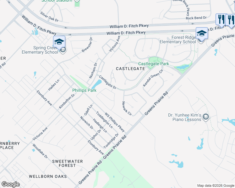 map of restaurants, bars, coffee shops, grocery stores, and more near 2480 Stone Castle Circle in College Station