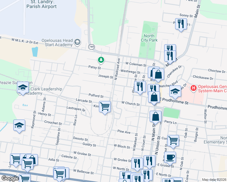 map of restaurants, bars, coffee shops, grocery stores, and more near 1098 N Railroad Ave in Opelousas