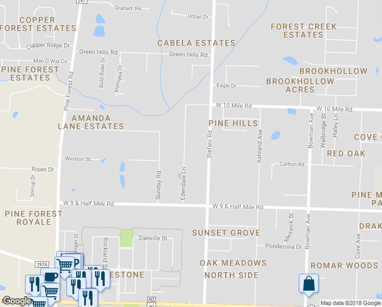 map of restaurants, bars, coffee shops, grocery stores, and more near 10116 Edendale Lane in Ensley